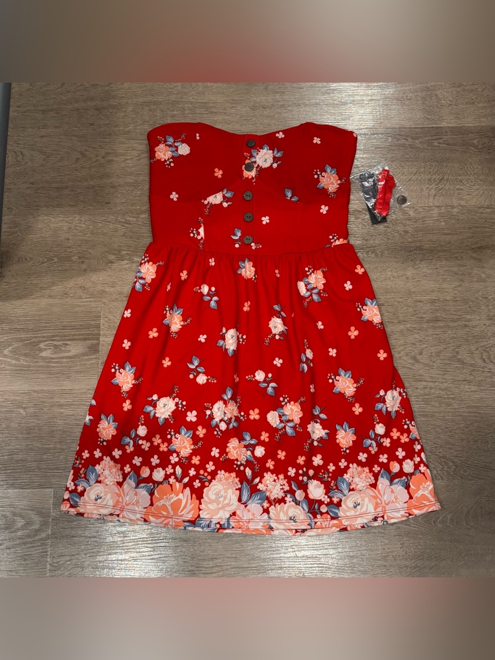 No Boundaries Red Strapless Floral Button Dress